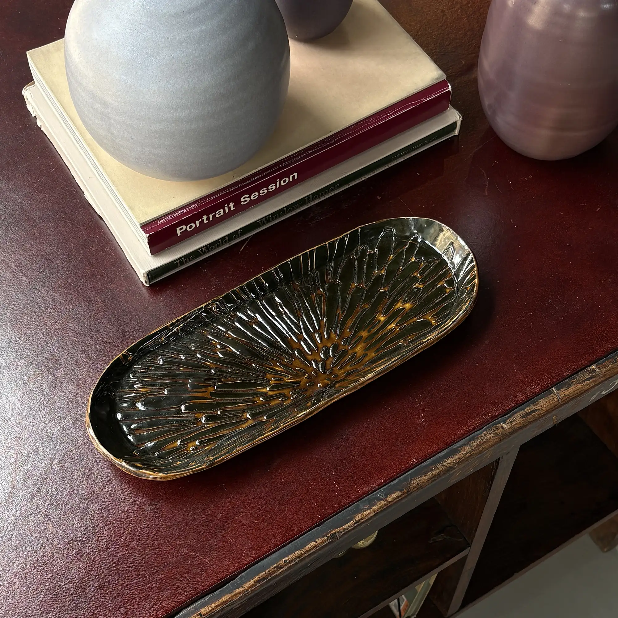 Handmade Oblong Textured Platter in Reactive Glaze