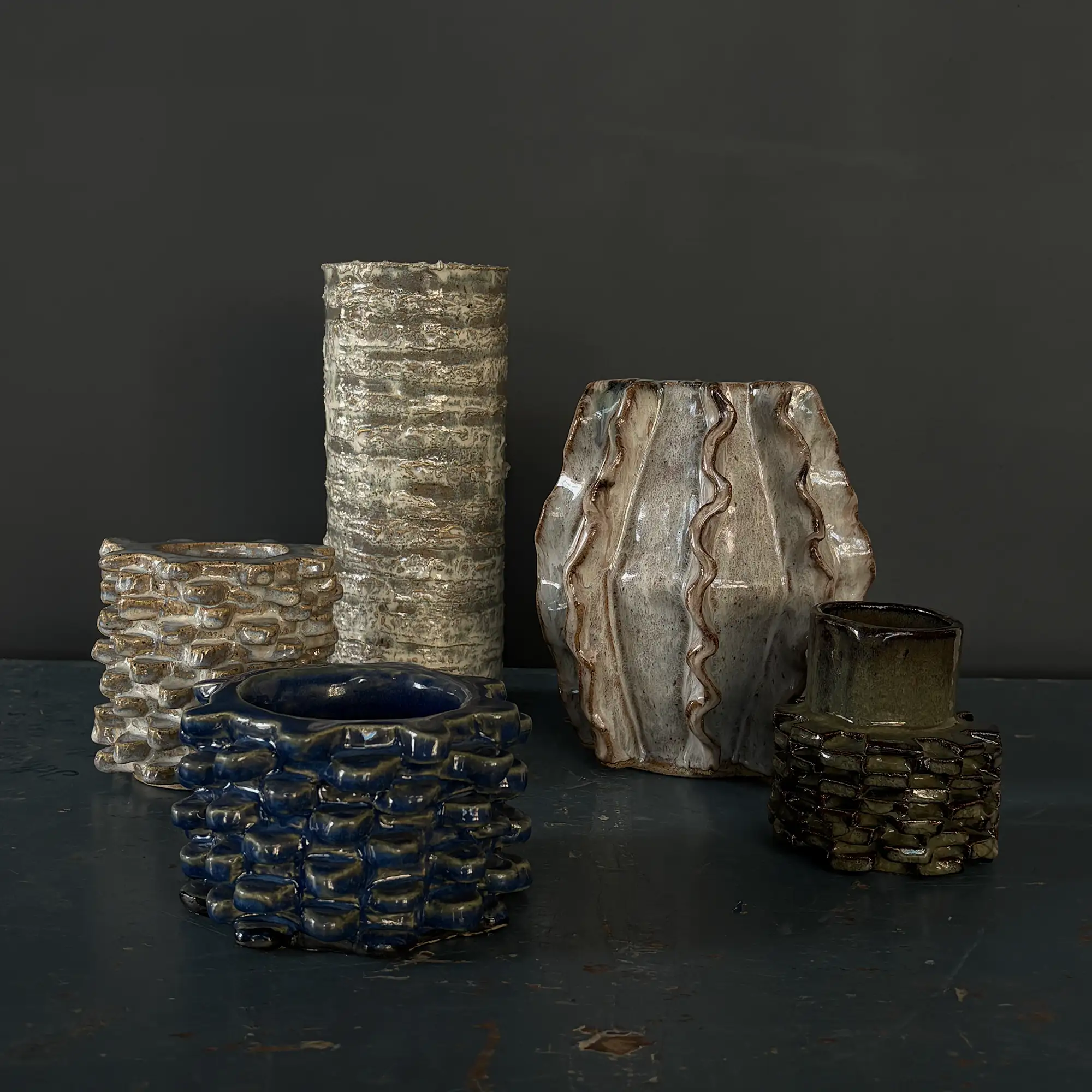 Handmade Brutalist Textural Vase in Blue Reactive Glaze - Image 6