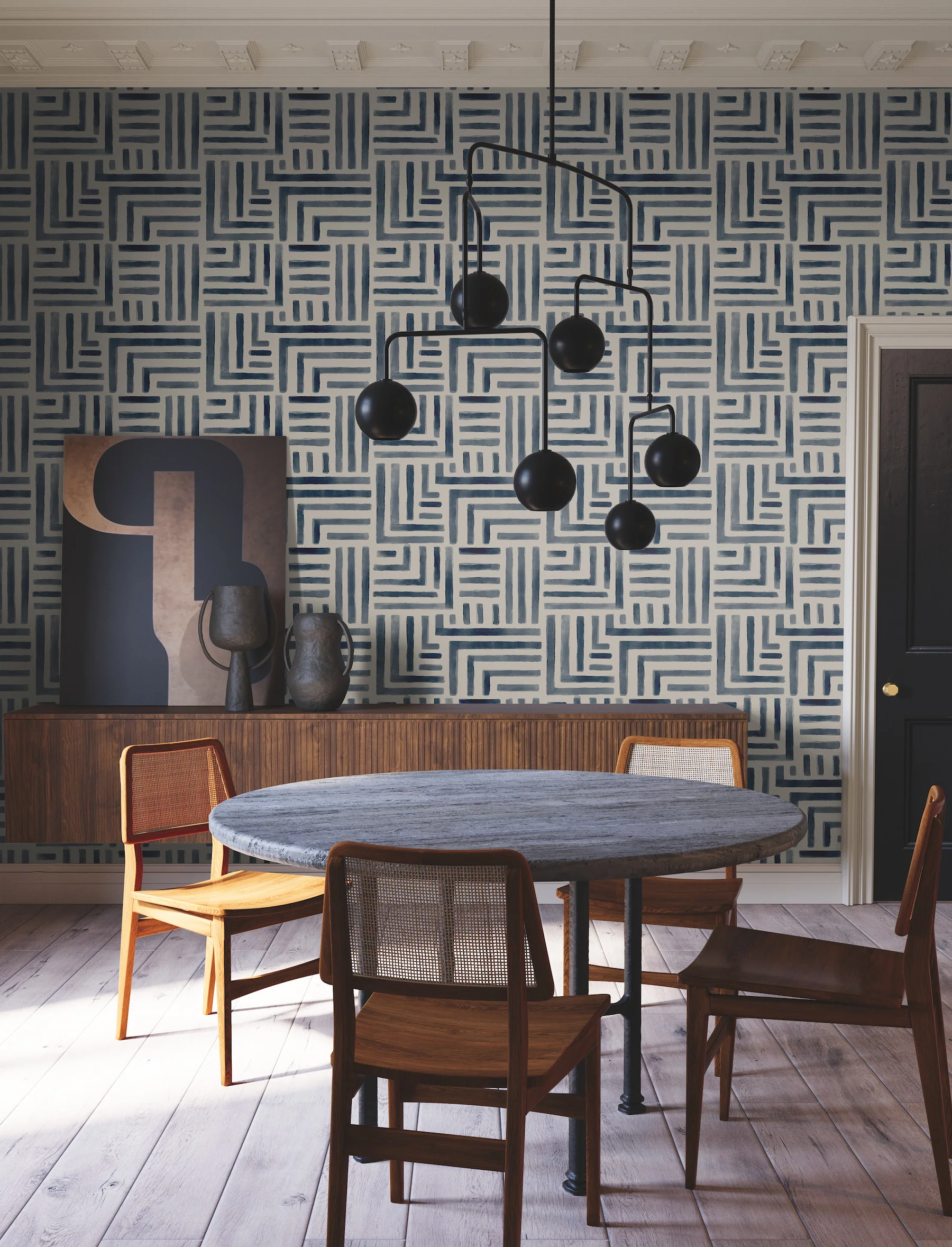 Painterly Labyrinth Navy Wallpaper - Image 2